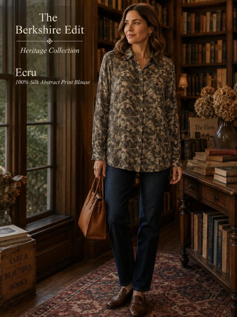 Ecru 100% Silk Abstract Print Button Front Blouse Gray Olive Small